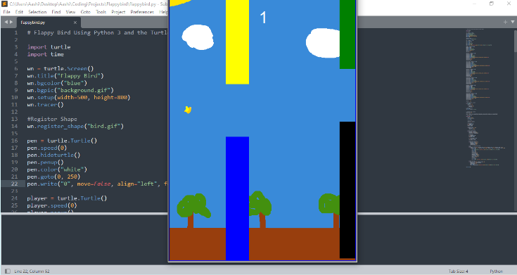 A picture of the flappybird game I coded. It includes a background of trees and clouds, with poles coming from both the top and bottom with a space in between for the bird to get through.