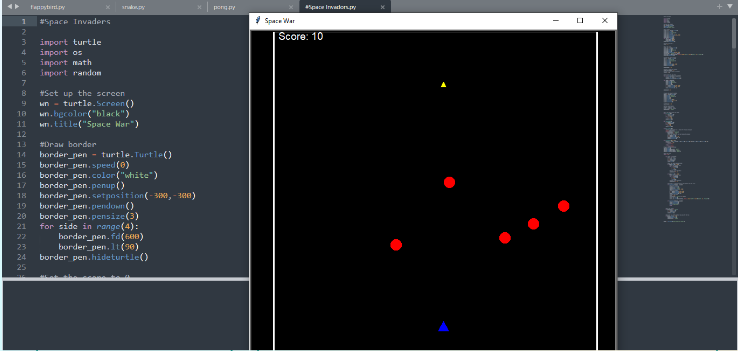 A picture of the space invadors game I coded. There is a blue arrow at the bottom that is shooting yellow bullets at the red circles throughout the screen.